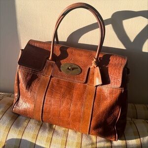 Mulberry Brown Croc-Embossed Shoulder Bag